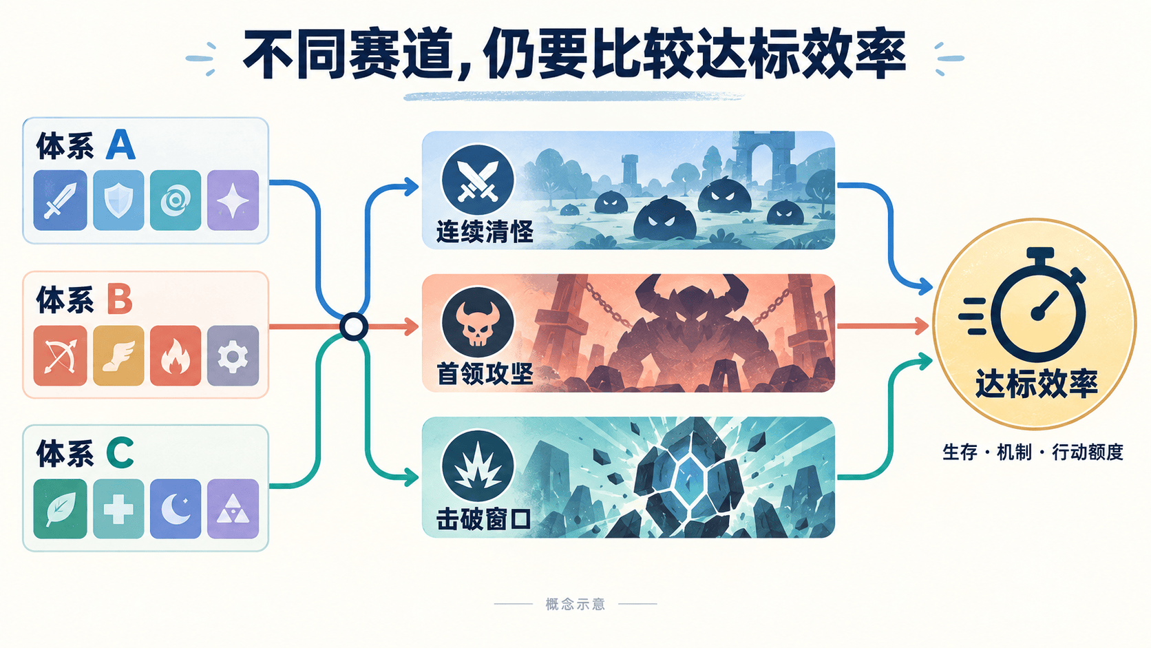 不同角色体系通过多种高难场景,最终仍接受达标效率的比较